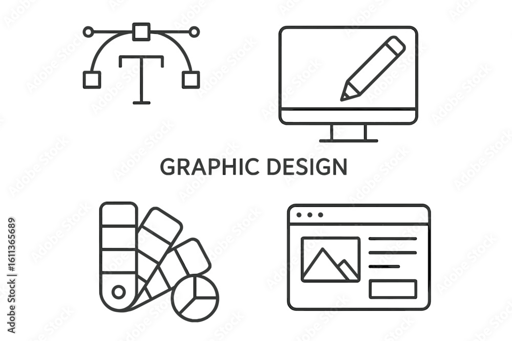 Poster graphic design icons set linear style. creative tools vector symbols flat design. web interface elem