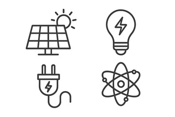 Energy and power icon set. Vector line art symbols for electricity and science. Solar panel, light bulb, atom, and plug icons. Renewable green energy technology concept.