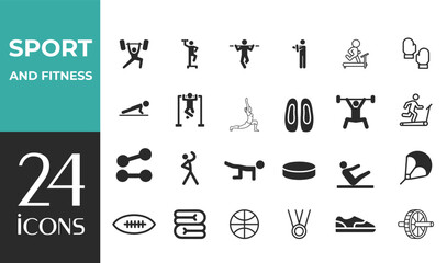 Sport and Fitness set of web icons in line style. Gym and fitness icons for web and mobile app. Healthy lifestyle, exercise, diet, nutrition, weight training, body care, workout.