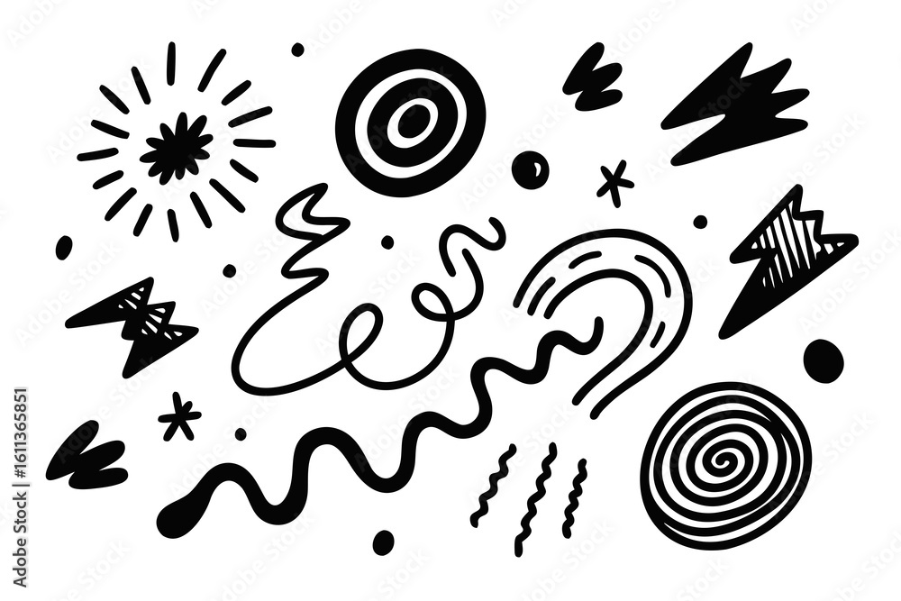 Poster hand drawn abstract doodle elements in black and white vector design simple shapes lines dots and sw