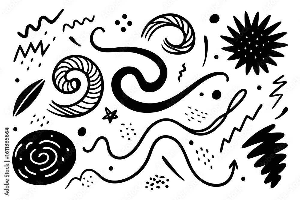Poster collection of abstract hand drawn shapes and elements in black and white modern doodle design for cr