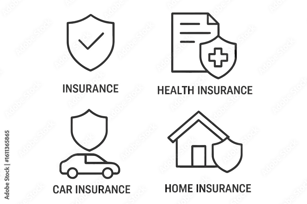 Poster insurance icons set vector flat linear style. health car home protection shield symbols. web applica