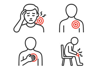 Body pain line icon set. Man with headache, neck ache, and chest pain. Concept for heart attack symptoms, knee joint injury, and muscle ache. Health medical vector signs.