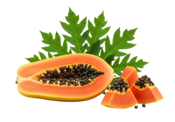 Vibrant cross section of fresh papaya fruit with leaves Isolated on transparent background