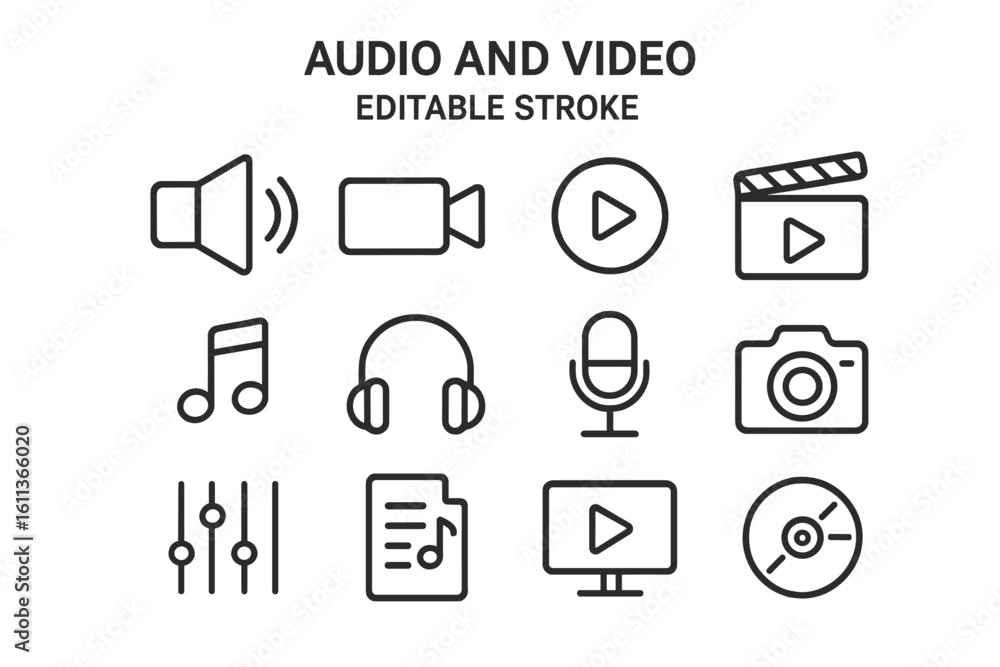 Poster audio and video multimedia icons set. flat linear outline style vector graphics for websites, apps, 