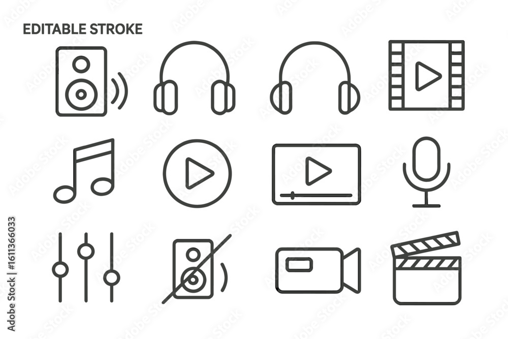 Poster audio multimedia icons set linear outline style. music sound video player headphones microphone spea