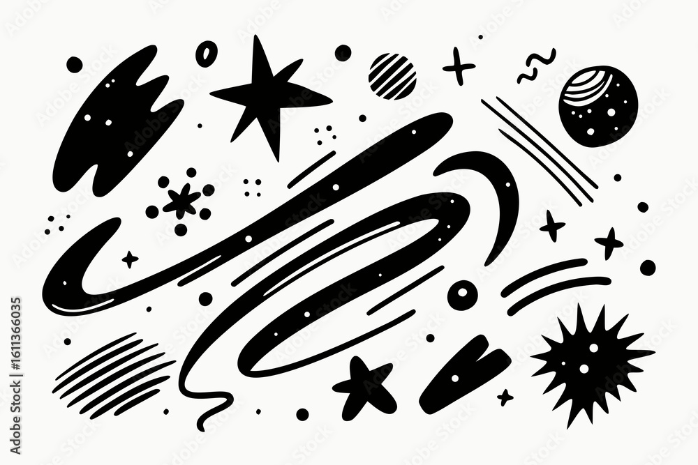 Poster hand drawn space elements in black and white featuring planets stars and abstract shapes perfect for