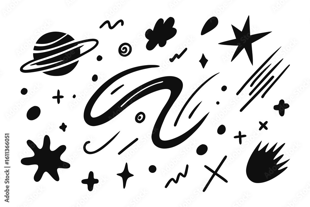 Poster Hand drawn space doodles including planets stars comets and abstract shapes creating a whimsical and playful design element for various creative projects and backgrounds