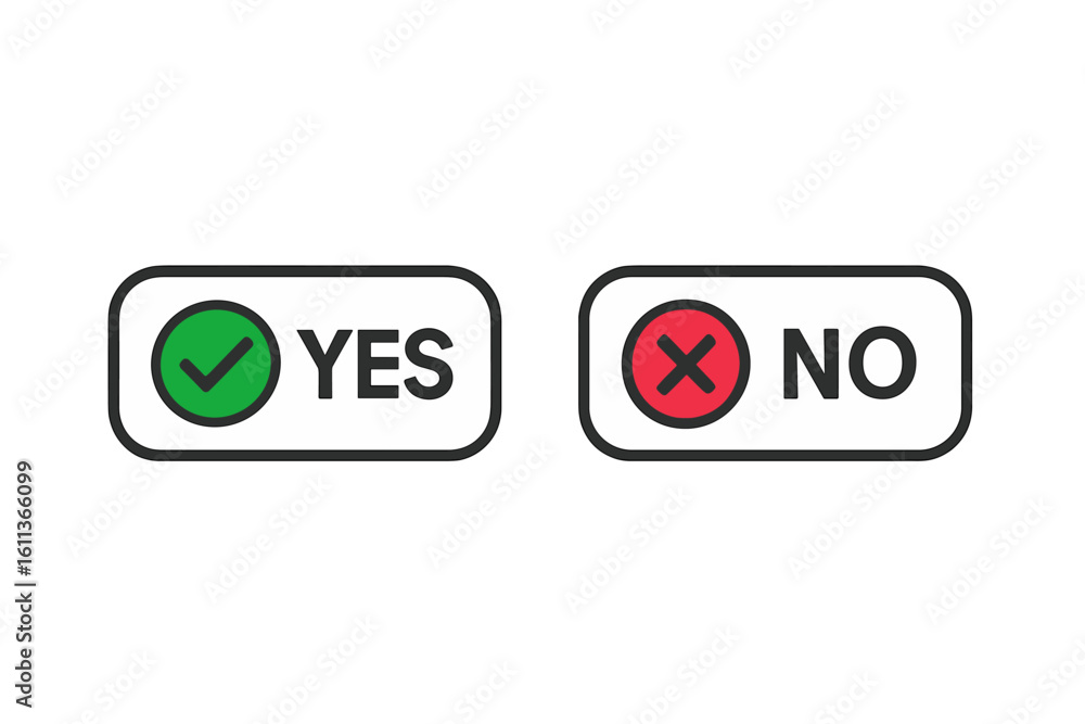 Poster yes and no ui buttons set, green checkmark accept and red cross reject icons, decision toggle switch