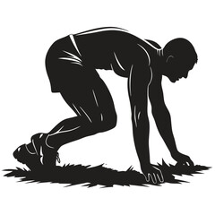 Silhouette of a Runner in Starting Position Ready to Sprint at the Starting Line