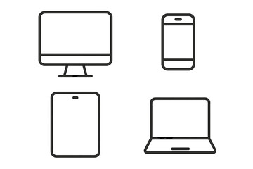 Device line icon set. Computer monitor, laptop, tablet, and smartphone symbols. Vector outline pictogram collection for web, mobile app, and responsive design. Technology.
