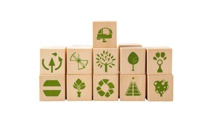 Wooden blocks stacked with green eco friendly and sustainable icons displayed