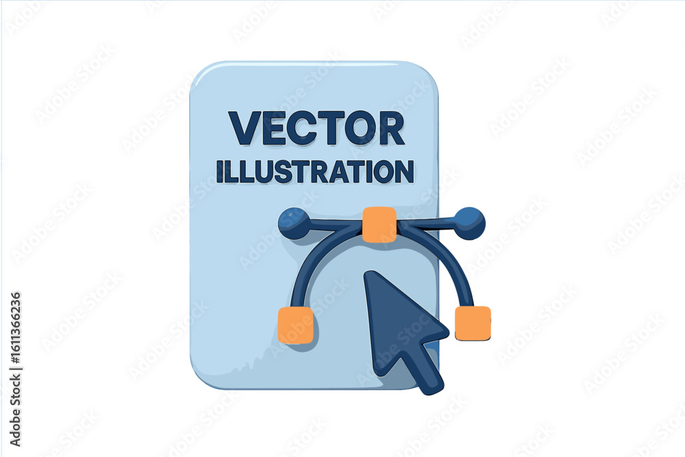 Aufkleber 3d vector file icon with blue document, bezier pen tool curve, orange nodes, arrow cursor, isolated 