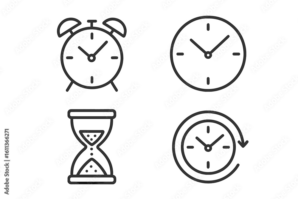 Poster time clock icons set vector flat linear style alarm hourglass timer cycle web application ui ux desi