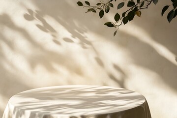 A round table covered in white cloth with leaf shadows