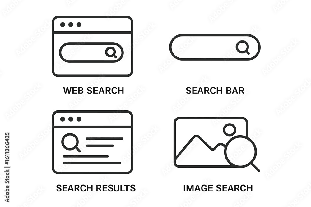 Poster web search icon set. thin line vector icons for ui ux design. includes search bar, results page, ima