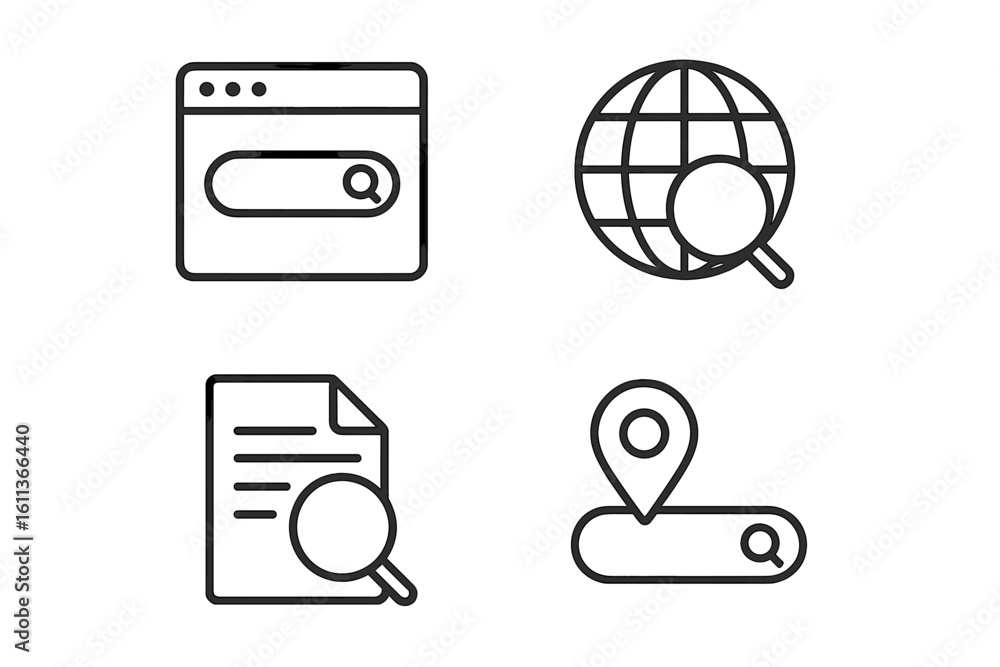 Poster web search icon set. linear icons for internet browser, global discovery, document analysis, and loc