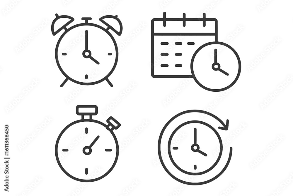 Poster clock and time icons collection. flat linear style alarm, calendar, stopwatch, time cycle symbols. e