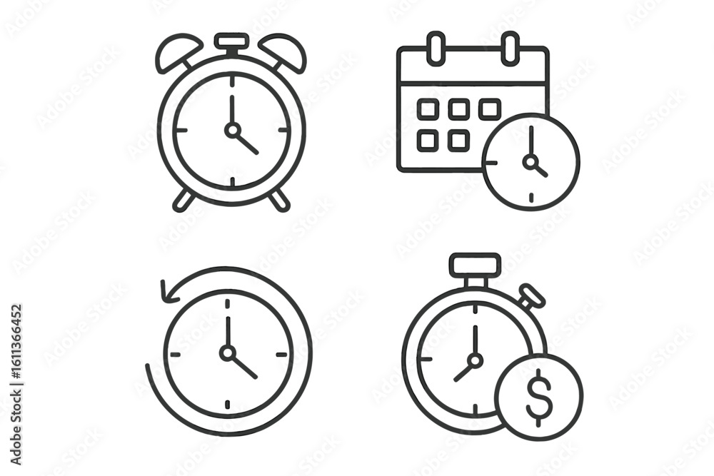 Poster time management clock icons set. linear outline style alarm calendar schedule stopwatch productivity