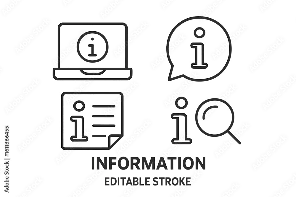 Poster information help icons vector set linear outline style. support ui ux elements editable stroke. web 