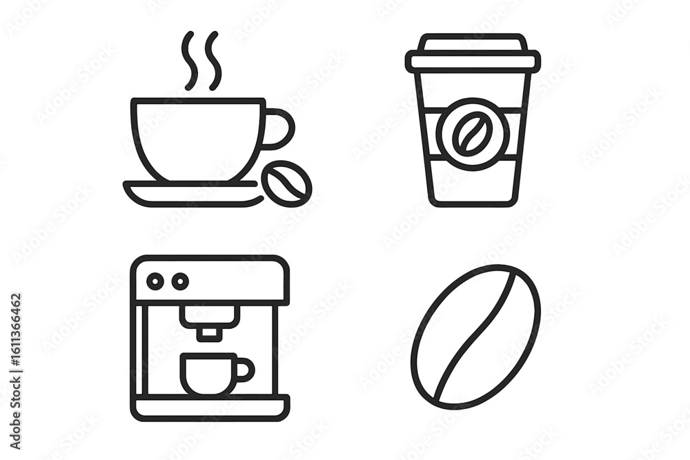 Poster coffee icons set linear flat style vector. hot coffee cup steam bean takeaway to-go espresso machine