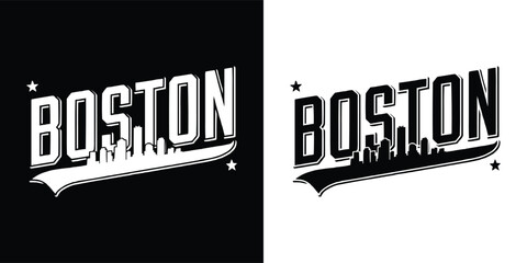 Boston City Skyline with Retro Script Tail and Stars in Bold Black and White for T Shirt Design