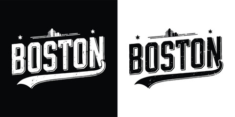Distressed Boston Text Logo with Skyline Accent and Retro Tail in Black and White for Vintage T Shirt Design