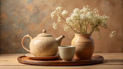 A serene still life featuring a ceramic teapot, teacup, and vase of white flowers on a wooden tray, evoking a sense of calm and relaxation