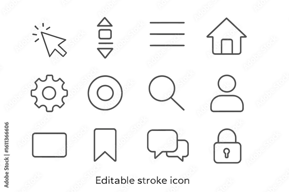 Poster linear outline icons set vector collection. web interface ui elements pack. click cursor, settings g