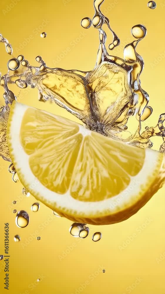 Poster bright yellow lemon slice exploding in refreshing water splash with drops on a clean, vibrant yellow