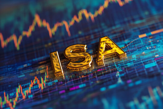 ISA investment concept with gold letters and financial trading graph