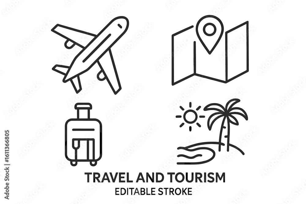 Poster travel tourism line icons set vector. airplane luggage map location beach palm vacation symbols. lin