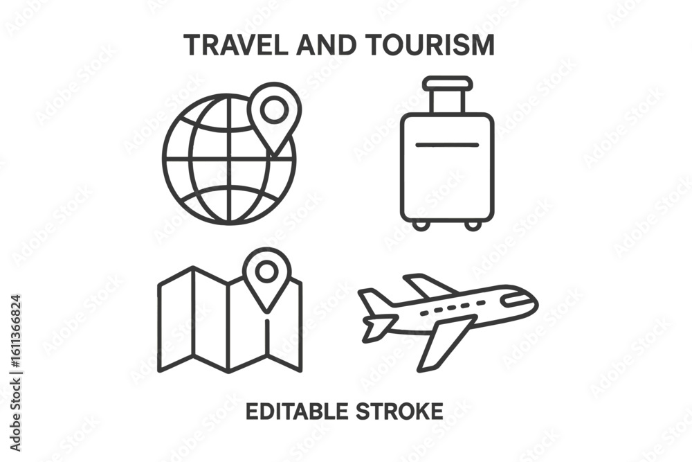 Poster travel tourism icons set vector flat linear style editable stroke web application design. airplane l