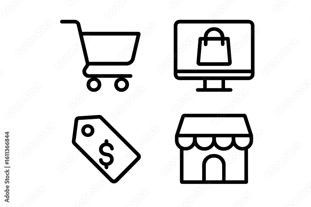 Poster e-commerce shopping icons set. linear outline style vector graphics for website ui, mobile app inter