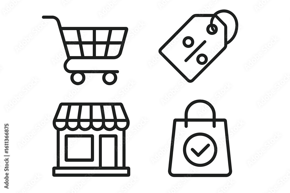Poster shopping e-commerce icons set vector flat linear style. retail store cart bag discount tag symbols. 