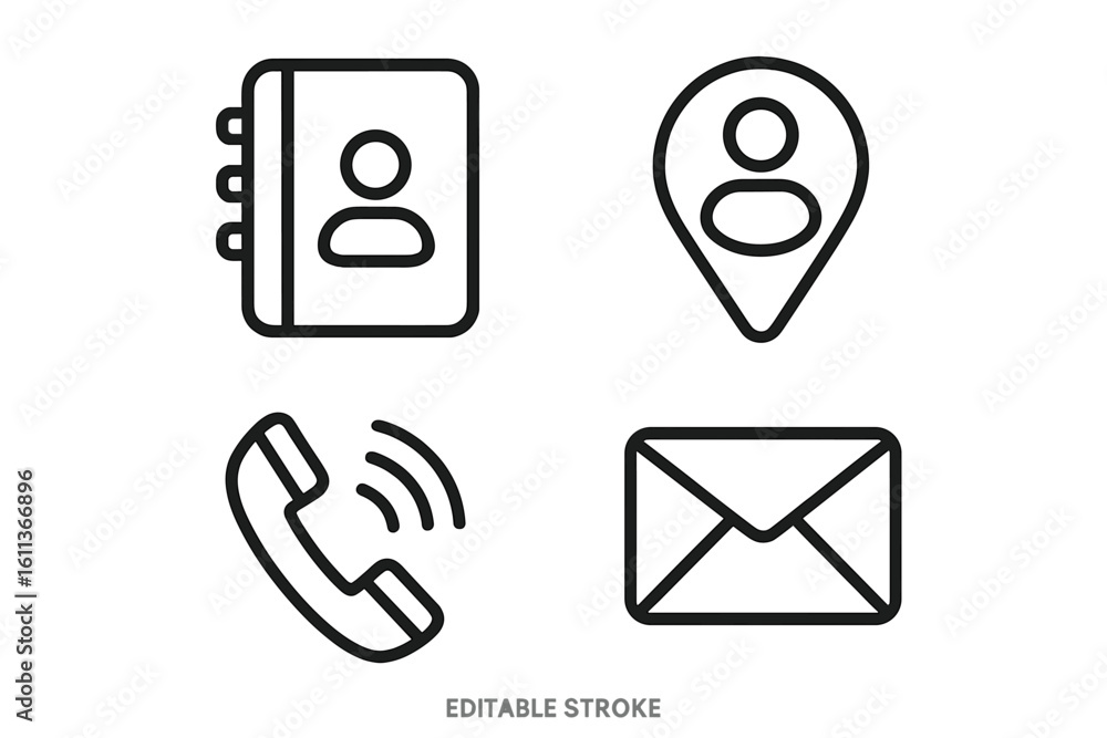 Fototapete contact communication icons set vector. linear outline user interface symbols phone email location a