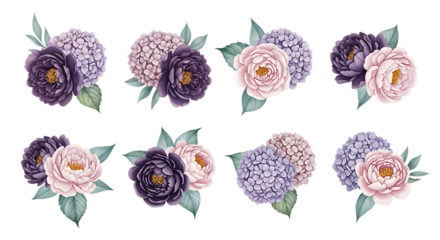 Beautiful watercolor floral arrangements with hydrangeas peonies and soft leaves Isolated on transparent background