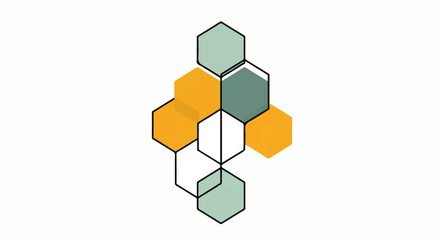 Abstract geometric design featuring interconnected hexagons in shades of green, yellow, and white on a plain background.