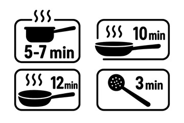 Cooking time instructions icon set for food packaging. Vector symbols for boiling, frying time. Pan, pot, skimmer icons. Food preparation guide for products. Flat vector.