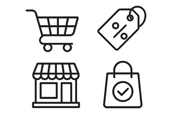 Shopping e-commerce icons set vector flat linear style. Retail store cart bag discount tag symbols. UI web application interface design elements collection outline
