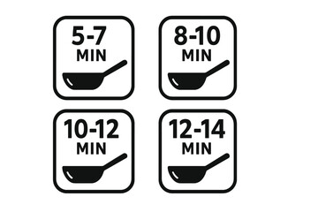 Cooking time icon set for food packaging. Pan with timer symbol for pasta preparation instructions. Vector label collection for product package. Ready meal food info graphic.