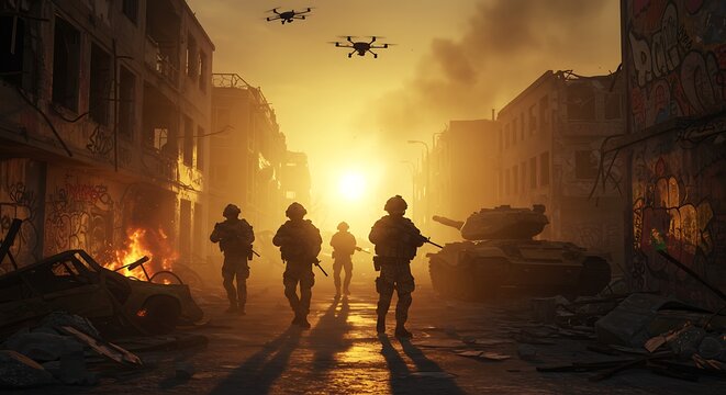 Future Warfare: Soldiers and Drones in a Ruined City - Powered by Adobe