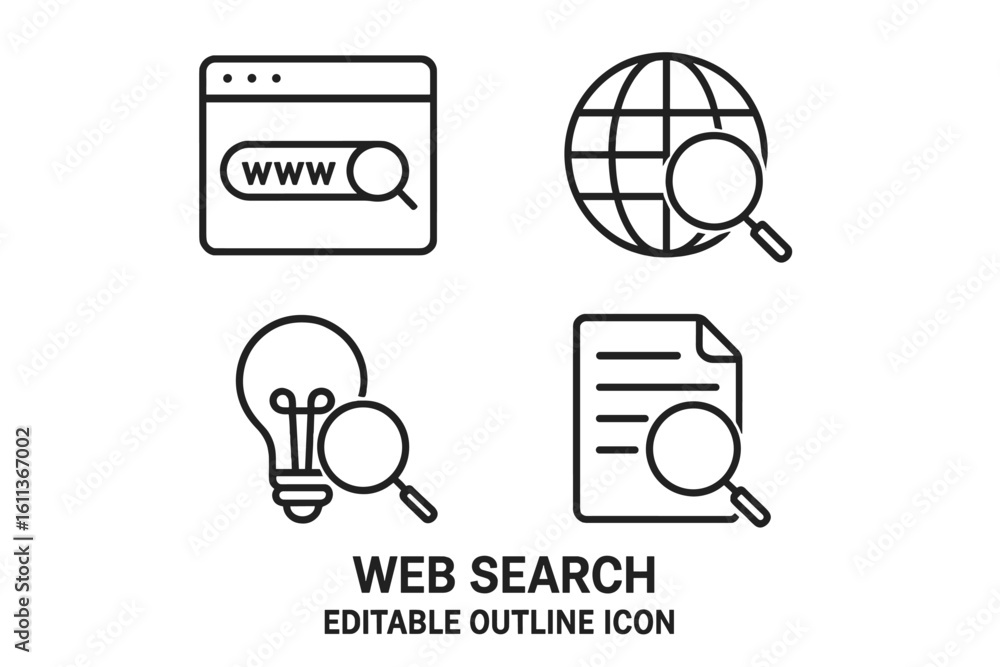 Poster web search icon set vector flat linear outline style. website browser global internet research magni