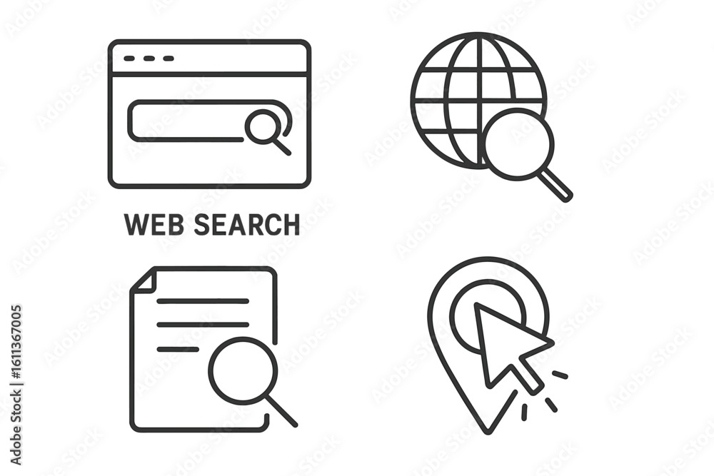 Fototapete web search icons set vector linear outline style. internet browser globe magnifying glass document l