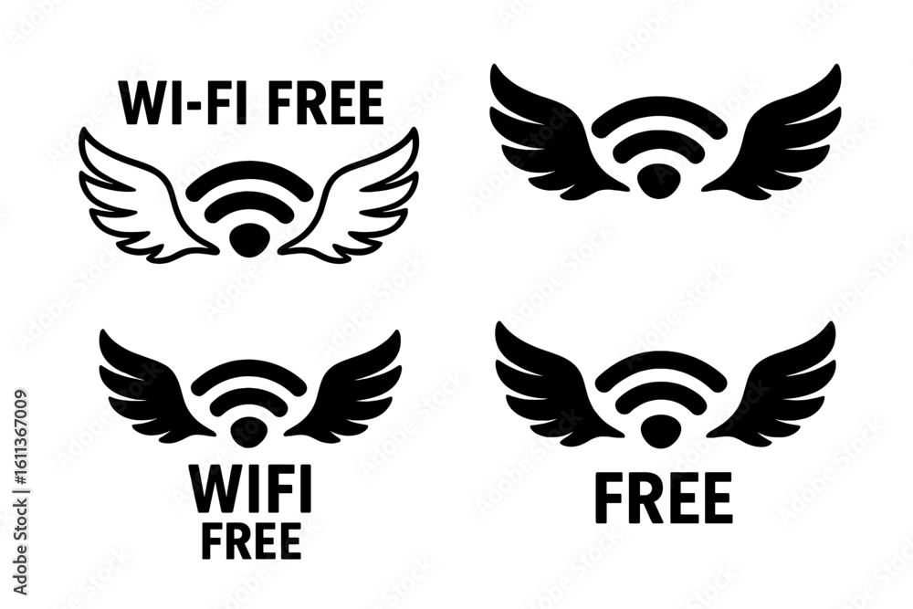 Poster free wifi icon set with wings. wireless internet connection symbol. public hotspot access point logo