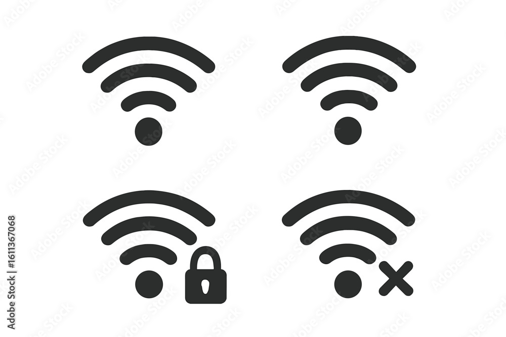 Poster wireless network wi-fi icon set. internet connection signal strength symbol collection. secure, lock