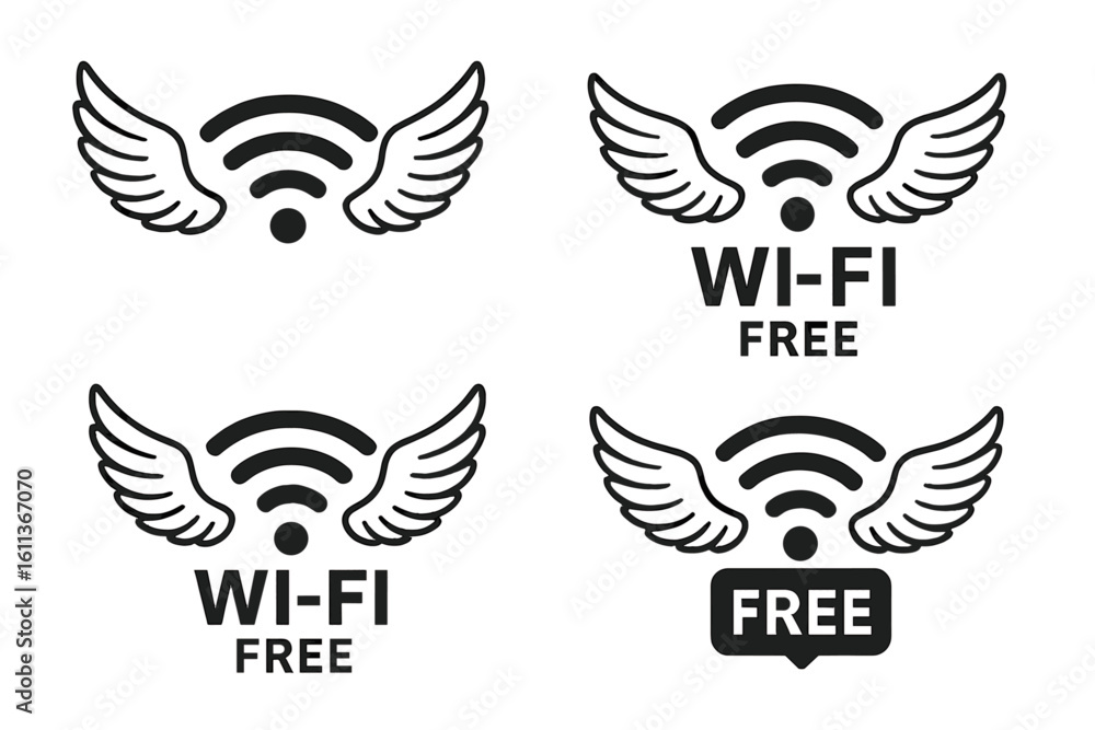Poster free wifi zone icon set. wireless internet connection symbol with wings. public network hotspot sign