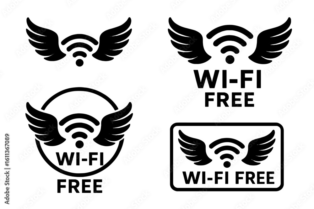 Poster free wi-fi icons set with wings. wireless network connection symbol collection. public internet hots