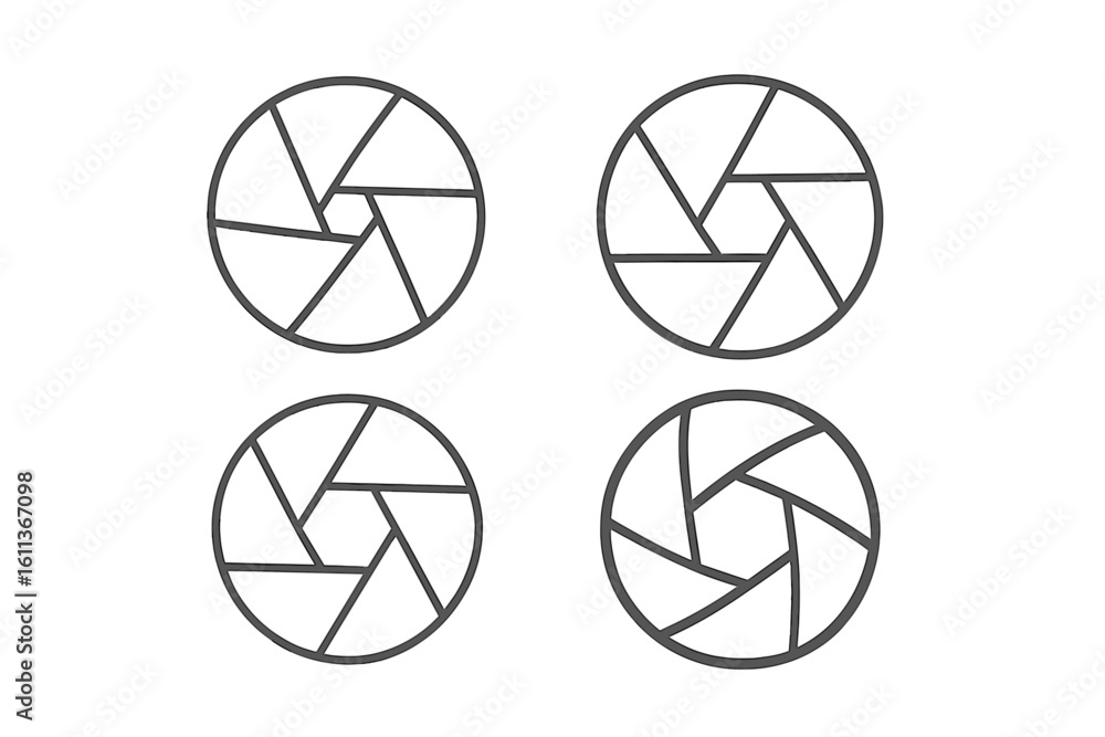 Poster camera shutter aperture icons set flat outline vector collection photography lens diaphragm symbols 