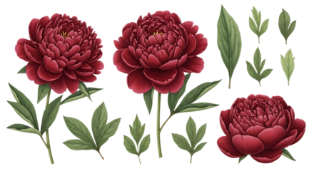 Beautifully illustrated burgundy peony flowers and green leaves Isolated on transparent background